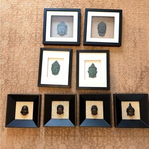 Set of 8 Framed Buddha Head Wall Art - Black Frames with Green & Bronze Accents